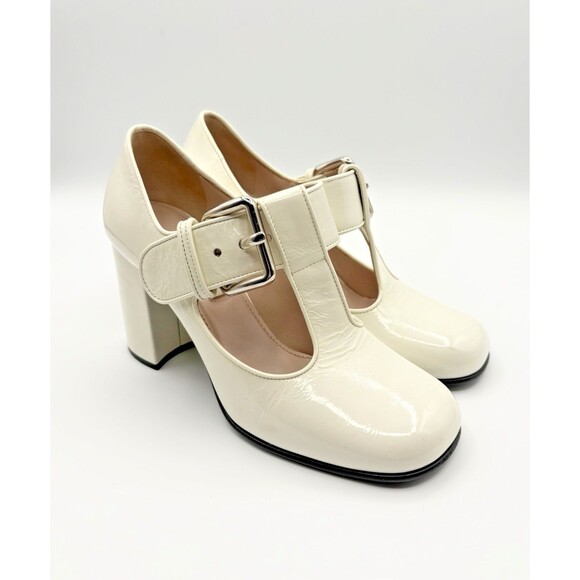 Miu Miu White Patent Leather Mary Jane Heels T-Strap Block Heel Sz EU 35.5 - Picture 4 of 13